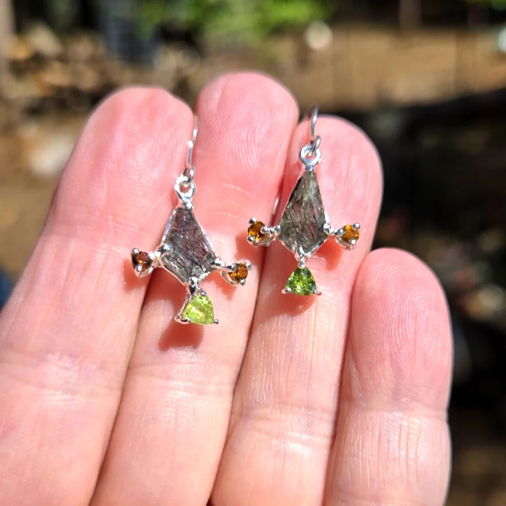 Rutilated Natural quarts Garnets & Peridot Sterling Earrings - Picture 7 of 10